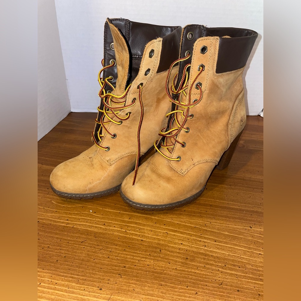 Womens Timberland Leather Chunky Heal Lace Up Work Boots Tan Brown Size 7.5